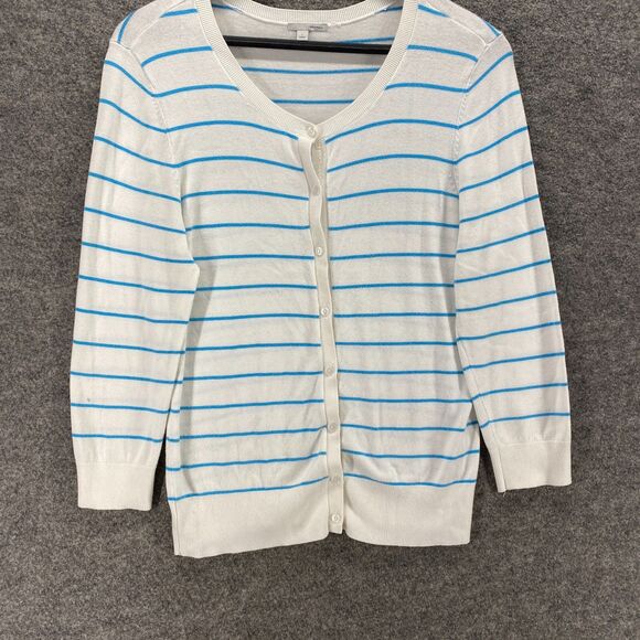 Halogen Cardigan Women L Large White Striped Button Up Knit Nylon Long Sleeve - Picture 4 of 9